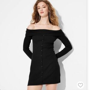 Wild Fable Off The Shoulder Faux Button Down Black Long Sleeve Dress Women's S